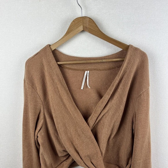 Anthropologie Womens Sweater Large Tan Neutral Long Sleeve Surplice Faux Wrap - Picture 4 of 10